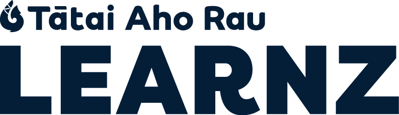 Close-up of a logo with the text "Tātai Aho Rau LEARNZ" in dark blue on a black background.