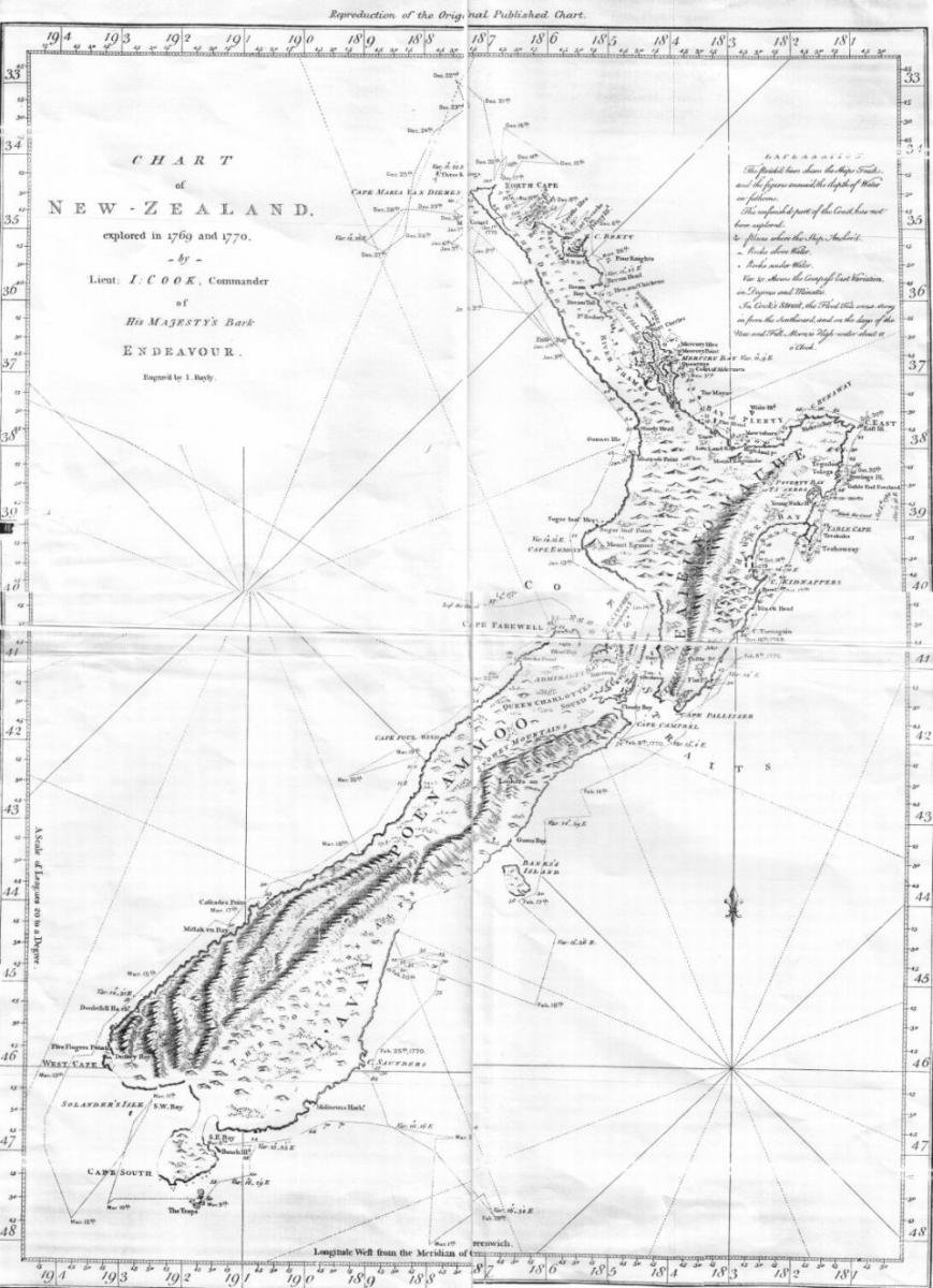 Chart of New Zealand from James Cook's exploration of the country in the 18th century.