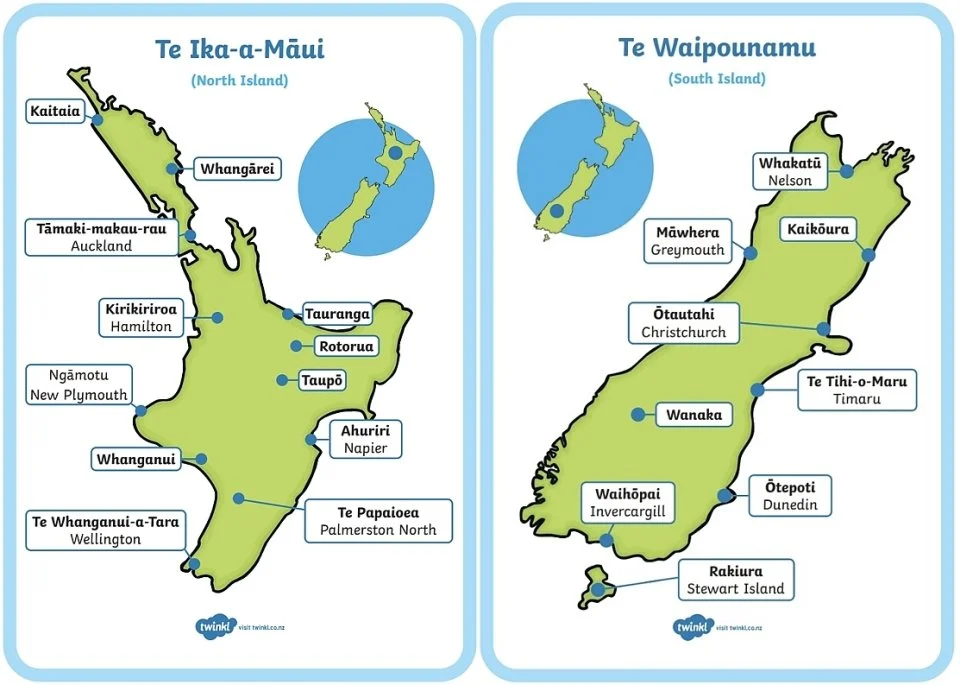 A modern map of New Zealand showing English and Māori place names.