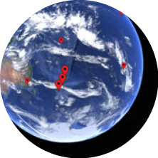 View of Earth from space showing multiple red location markers over the Pacific Ocean and surrounding areas.