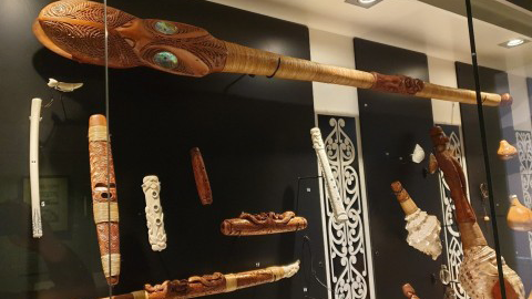 A display of traditional Māori wind instruments at Nelson Provincial Museum.