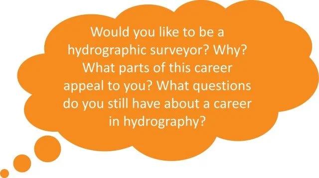 A speech bubble with questions about a career in hydrographic surveying.