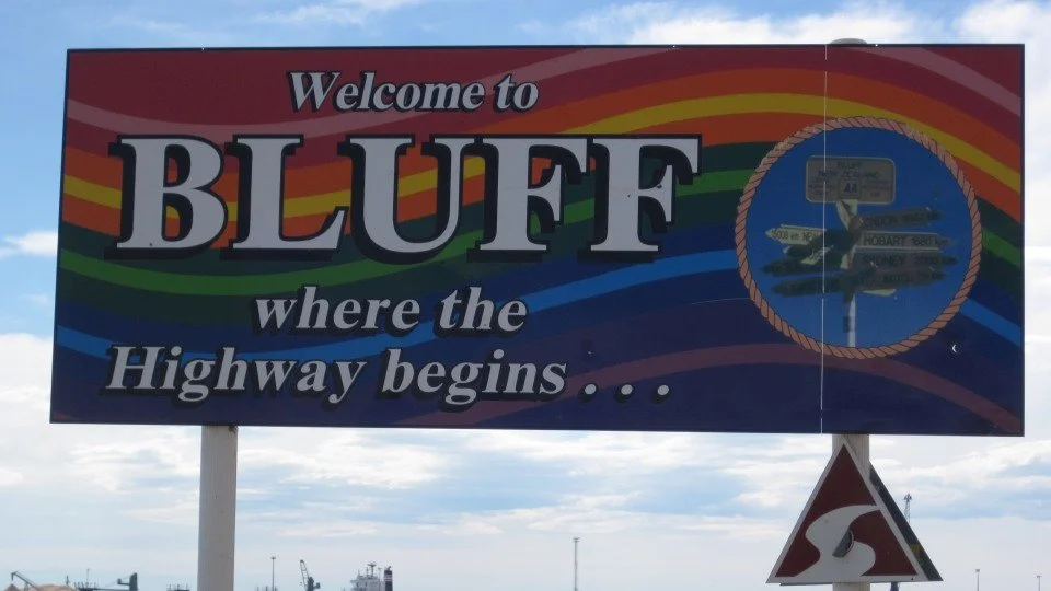 Sign welcoming visitors to Bluff, Southland.