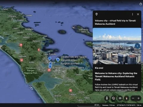 Volcano city Google Earth web tour screenshot of Tāmaki Makaurau Auckland