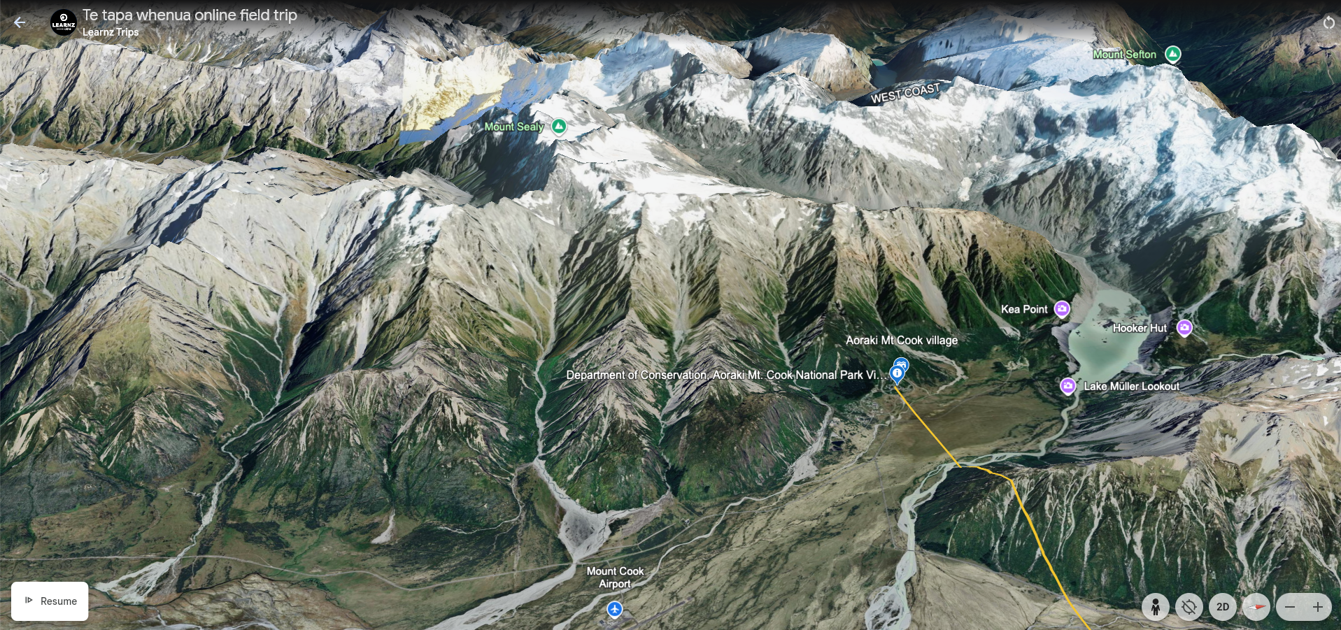 Mountain landscape with snow-capped peaks, green valleys, and water bodies. Marked points include Mount Sealy, Mount Sefton, Mount Cook, and Lake Müller. There are trails and landmarks such as Department of Conservation, Aoraki Mount Cook Village, Kea Point, Hooker Hut, and Mount Cook Airport.