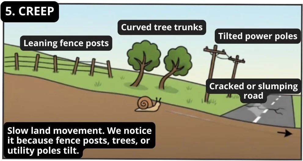 A diagram of creep showing leaning fence posts, curved tree trunks, tilted power poles, and cracked or slumping road.