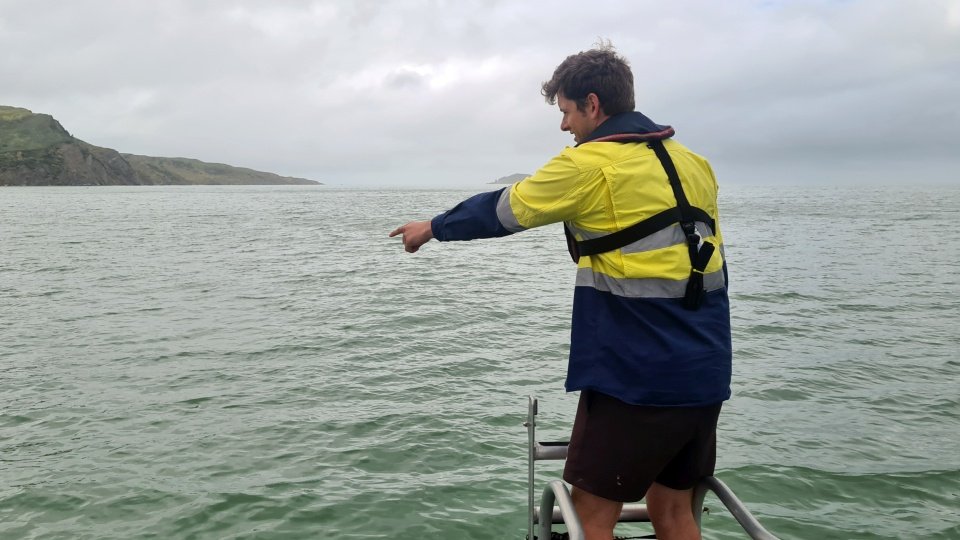 Man with life jacket and high-visibility jacket pointing at the sea