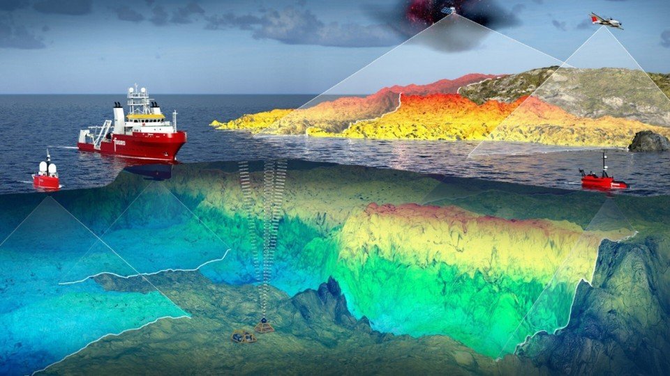 A boat undertaking a hydrographic survey