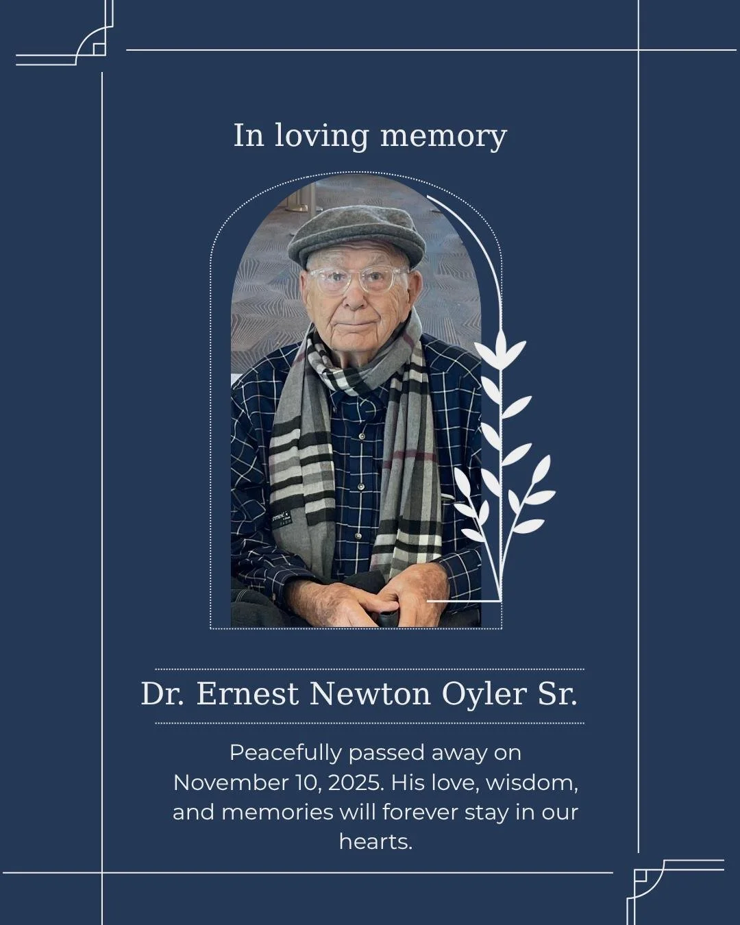 Dr. Ernest N Oyler DMD FAGD MAGD began his eternal life November 10, 2025. Ernest was born March 16, 1932 in Lafayette Indiana. He graduated from Purdue University School of Pharmacy in 1954. He served his country as 1st Lieutenant in the US Army dur