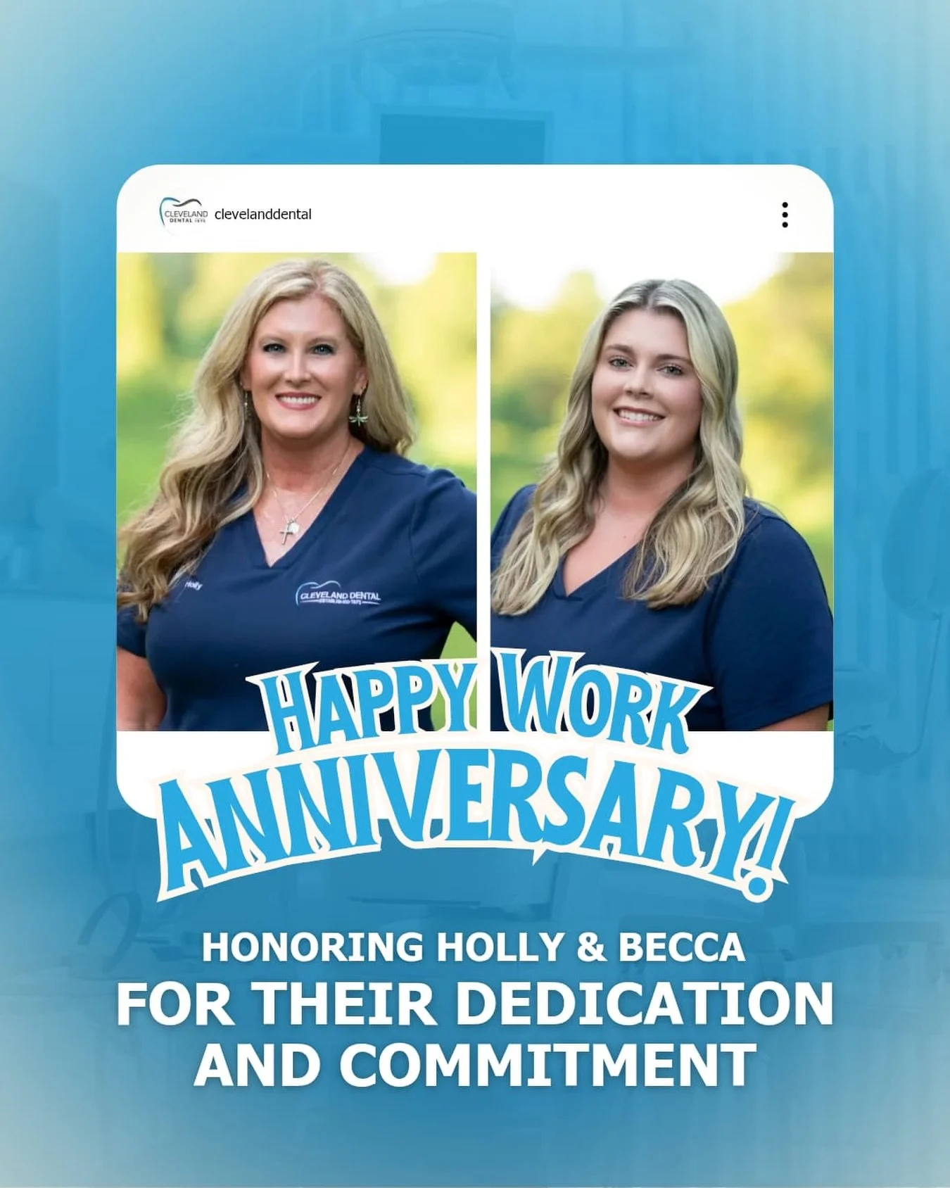 🎉 Happy Work Anniversary to Holly and Becca! 🎉

Thank you both for your dedication, hard work, and commitment to our patients. We are grateful to have you as part of the Cleveland Dental family and look forward to many more years together!🦷💙