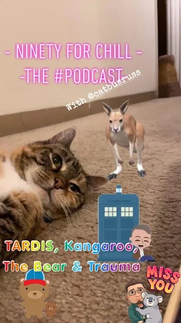 Eva the Queen Kitty surrounded by the topics of the podcast