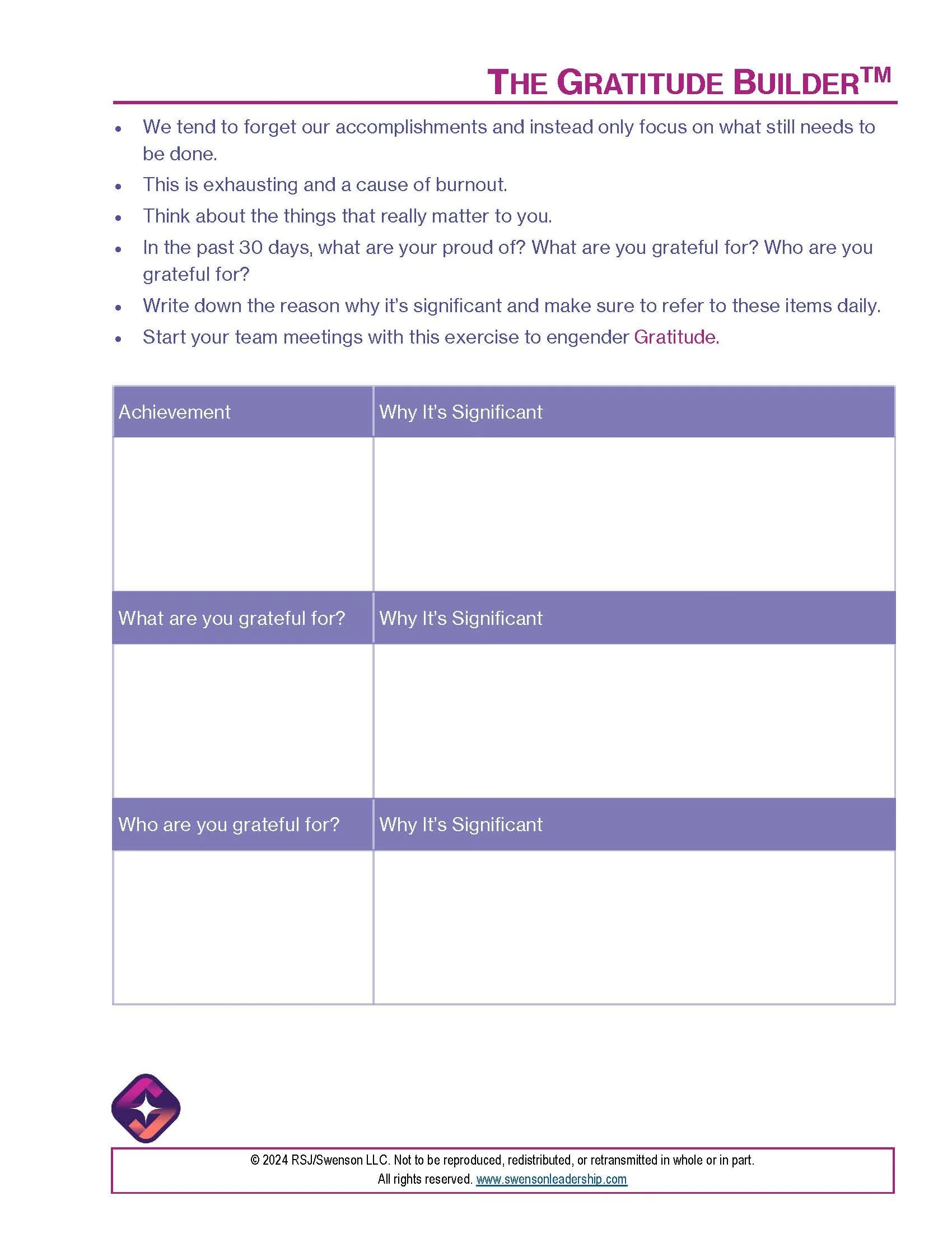 A worksheet titled "The Gratitude Builder™" with instructions about focusing on accomplishments and gratitude. The worksheet includes a table with three sections for achievements, what you are grateful for, and who you are grateful for, each with space to explain why it's significant. There is a logo at the bottom left and a copyright notice with a website link at the bottom.