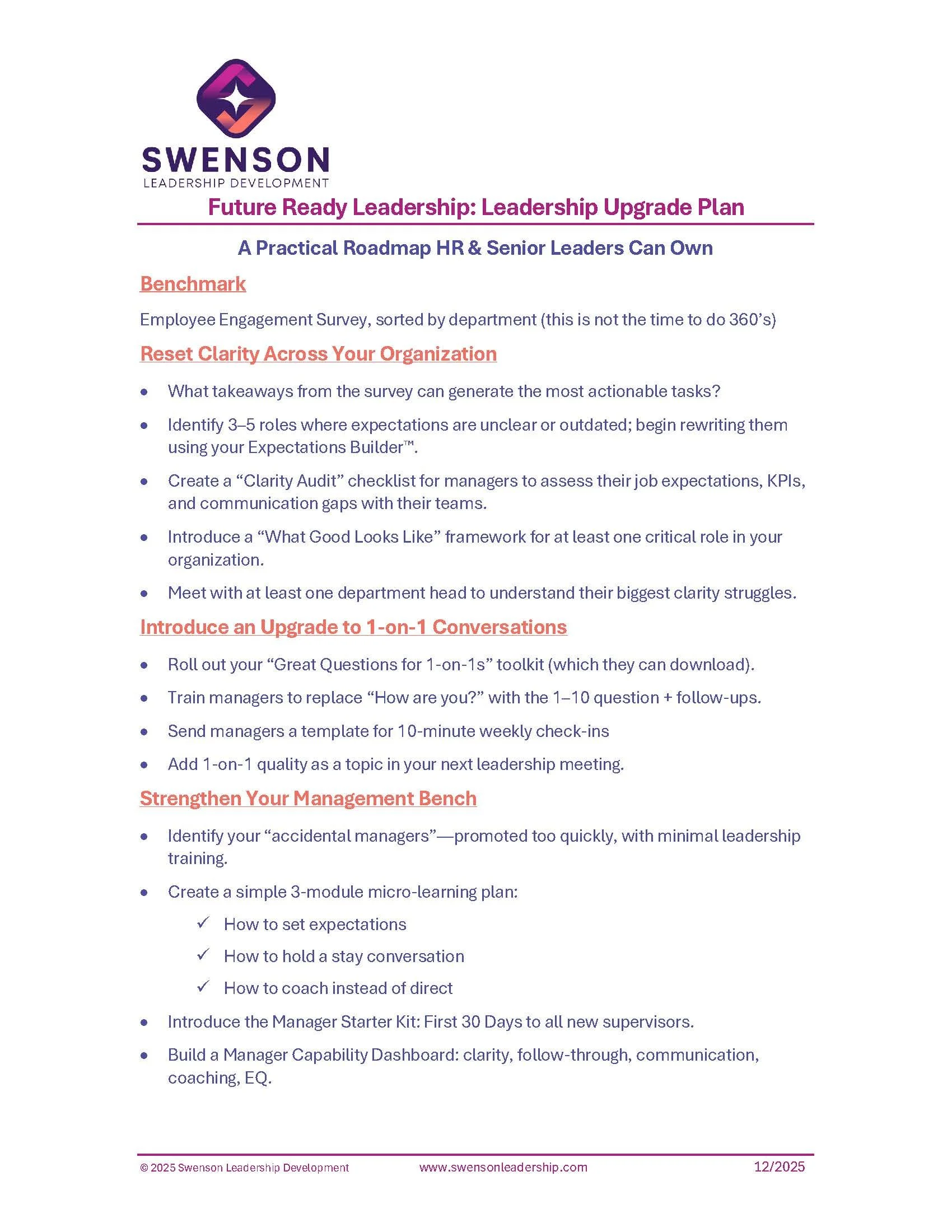A leadership development plan document titled 'Future Ready Leadership: Leadership Upgrade Plan' with sections on benchmarking, clarifying organization expectations, one-on-one conversations, and management bench strengthening, dated December 2025.