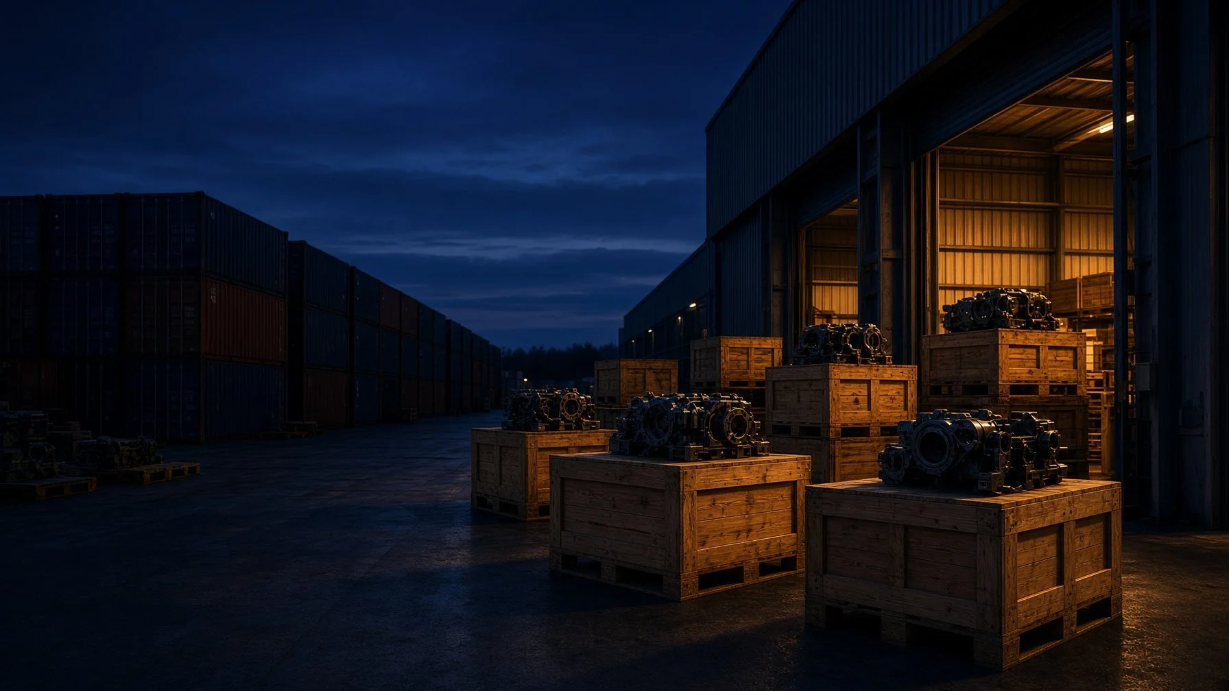 Outdoor storage area at dusk with wooden crates and machinery parts inside a warehouse, illuminated by warm light.
