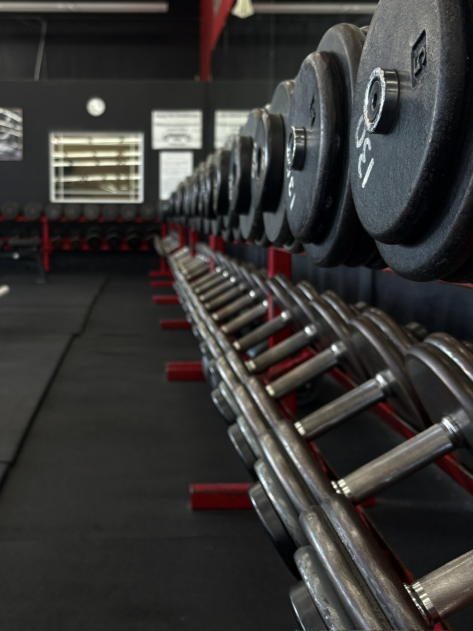 Dumbbell rack at Downing's Gym.
