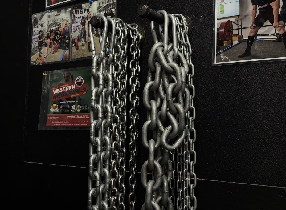 Heavy training chains hanging at Downing's Gym.