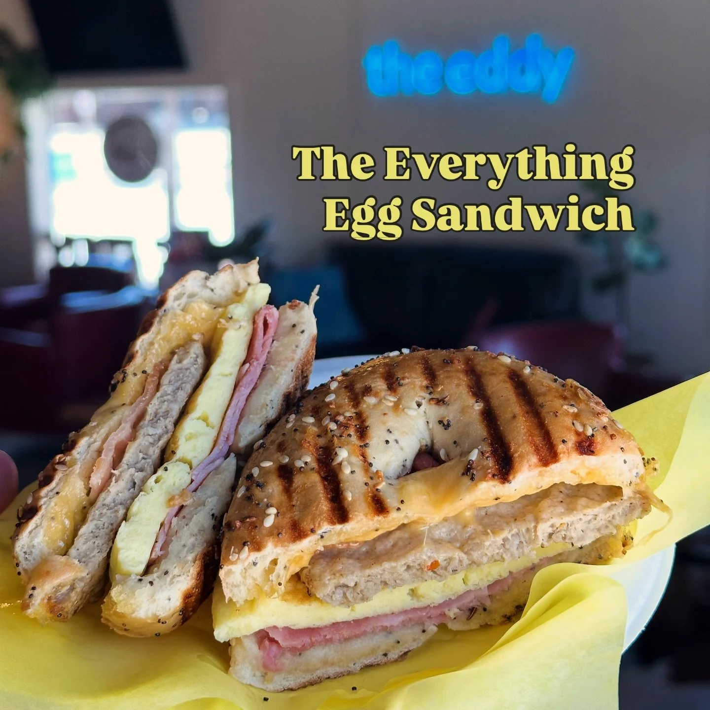 Introducing the Everything Egg Sandwich, now BIGGER and BETTER than ever! Made fresh with 🍳 Egg 🐷 Ham 🧀 Cheese 🥓 Bacon 🤎 Sausage on an 🥯 Everything Bagel and✨Toasted to Perfection! Great for a fully loaded breakfast on the go or afternoon prote