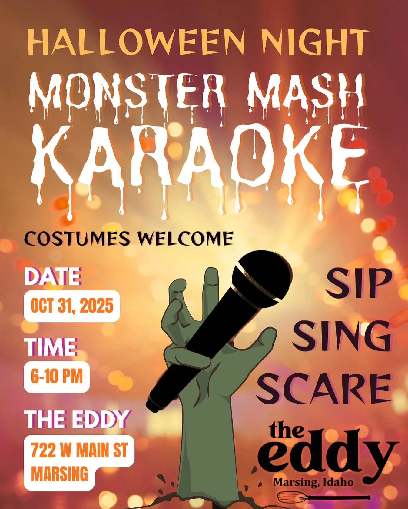 🎤👻 Get ready to SIP, SING &amp; SCARE! 👻🎤
Join us at The Eddy for a Monster Mash Karaoke Night on Halloween, Oct 31 &bull; 6&ndash;10pm! Costumes welcome, drinks flowing, and spooky tunes all night long. 🧛&zwj;♀️🍹🎶

Come have a ghoulishly good