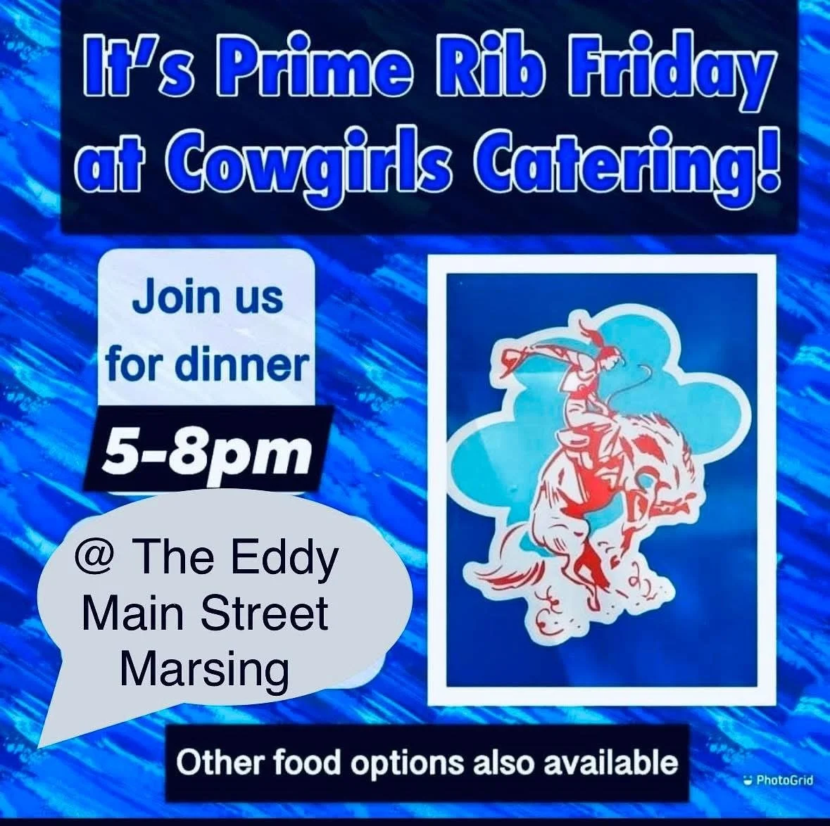 We&rsquo;re so excited to partner with Cowgirls catering and have PRIME RIBS this Friday from 5-8pm at The Eddy. We will have local wine and beer available to pair perfectly with your dinner 🍷