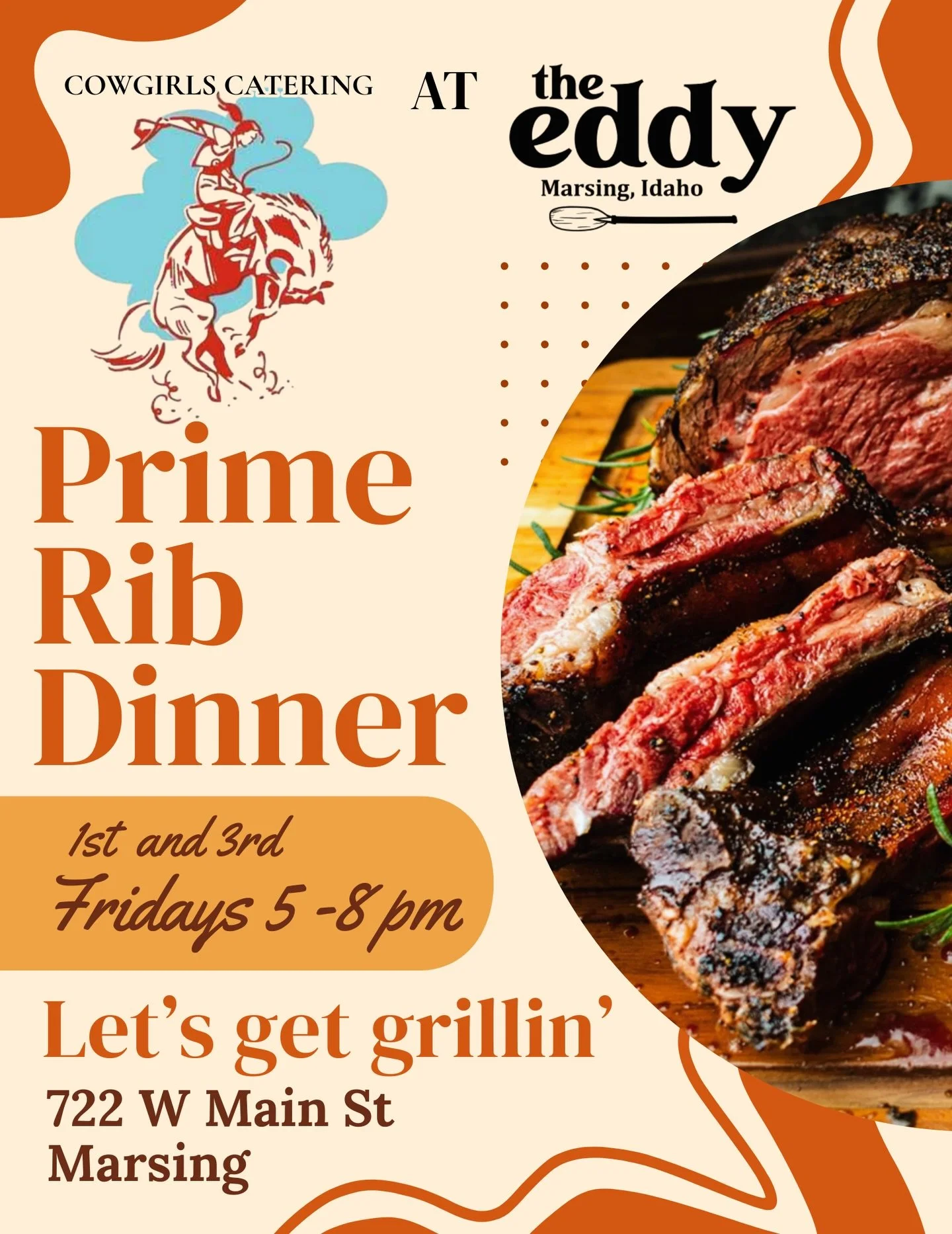 🔥 Prime Rib Nights at The Eddy! 🔥
Cowgirls catering is serving up their signature Prime Rib Dinners every 1st and 3rd Friday of the month from 5&ndash;8pm at The Eddy. Pair your meal with a variety of local wine or beer at The Eddy! 🍺🍷

Bring you