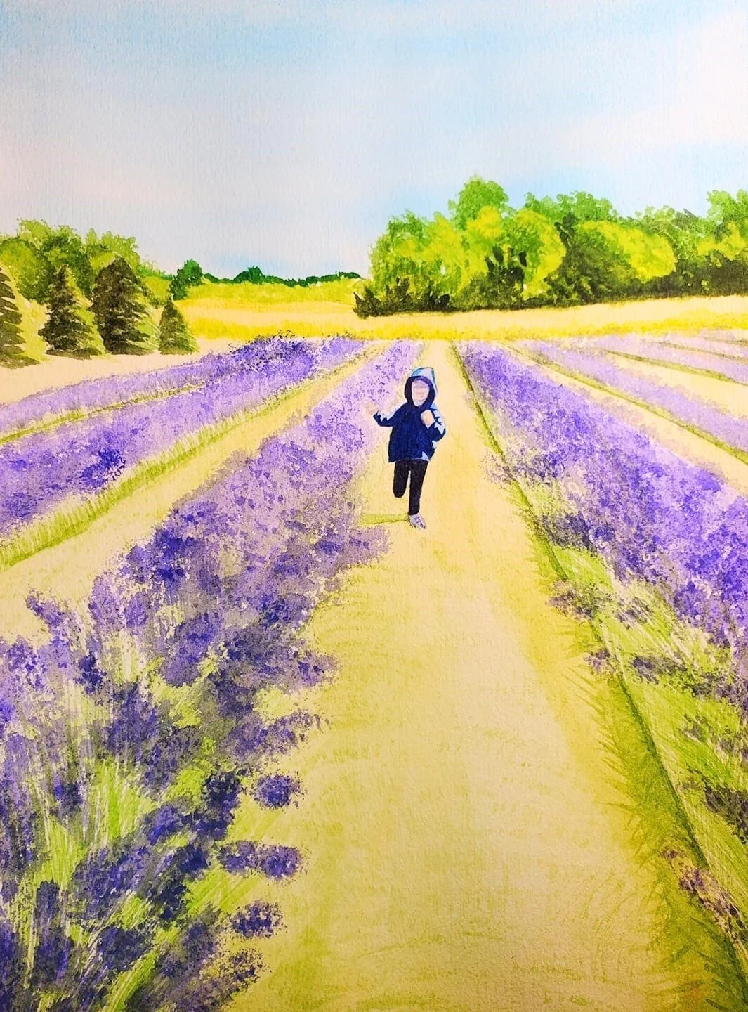 Watercolor painting of a child running through a field of lavender