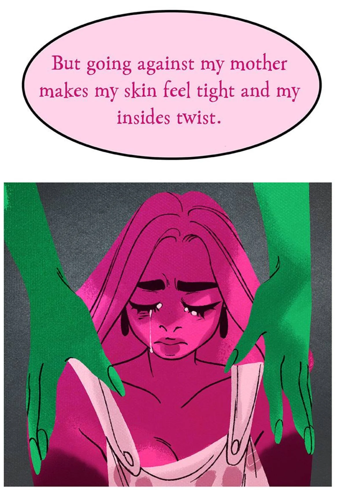 A scene from Lore Olympus: Persephone crying with Demeter's hands on her shoulders. Text reads, "But going against my mother makes my skin feel tight and my insides twist."