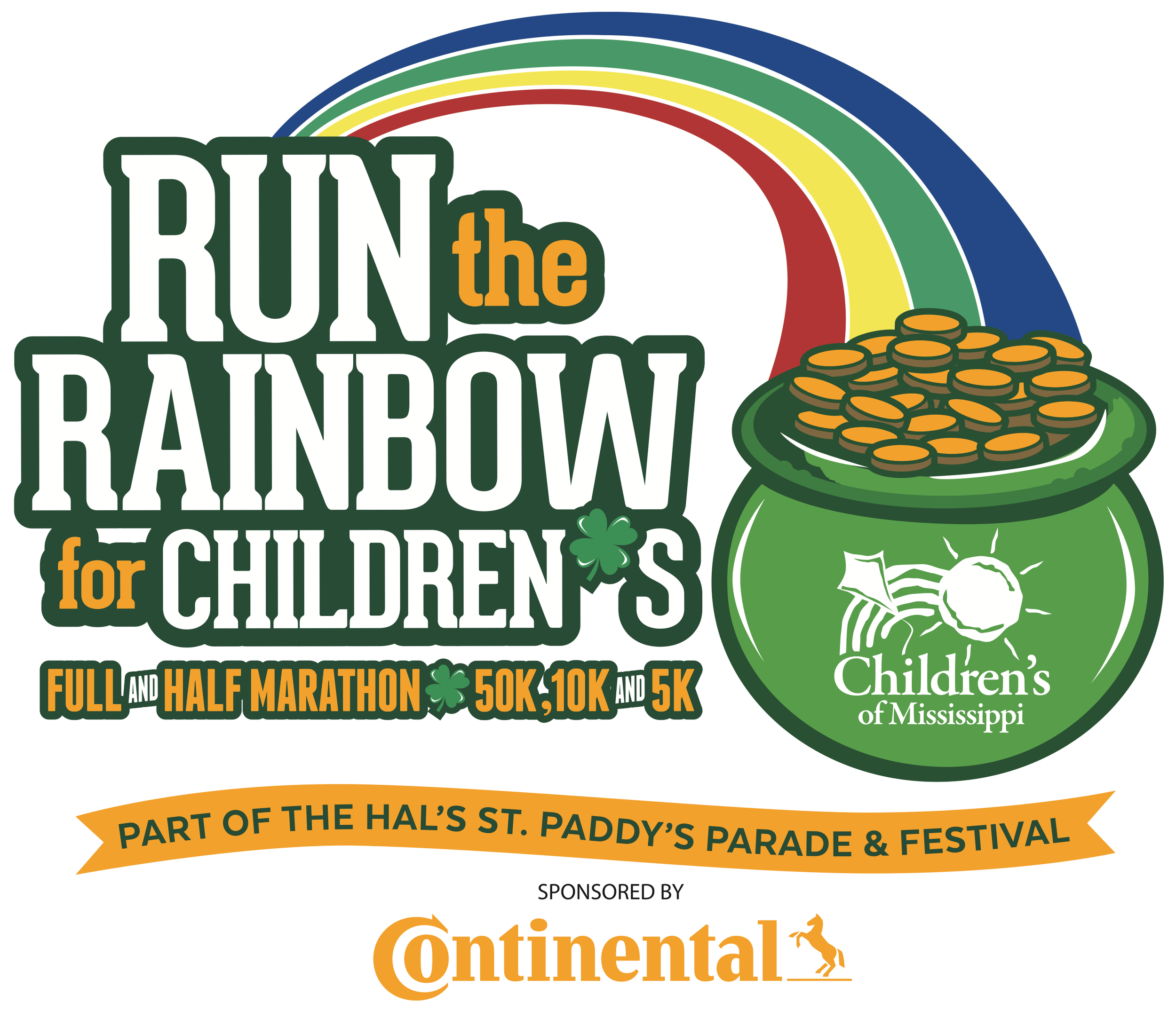 Logo for 'Run the Rainbow for Children' event featuring a rainbow, pot of gold, and shamrocks, with details about marathon distances, part of St. Paddy's Festival in Mississippi, sponsored by Continental.