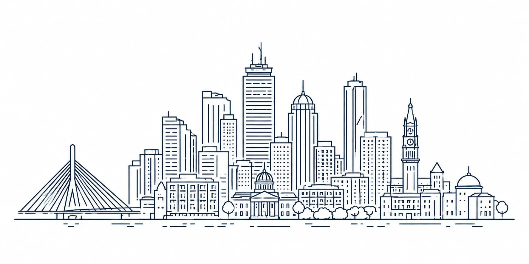Minimalist line drawing of the Boston skyline representing virtual therapy services in Massachusetts.
