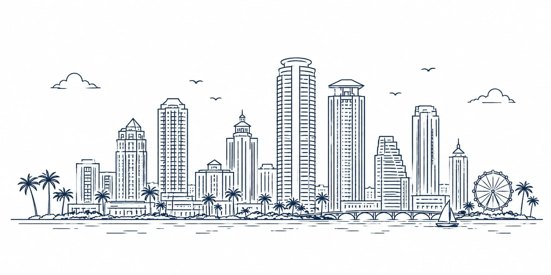Minimalist line drawing of a Florida coastal skyline with palm trees and waterfront buildings representing virtual therapy in Florida.