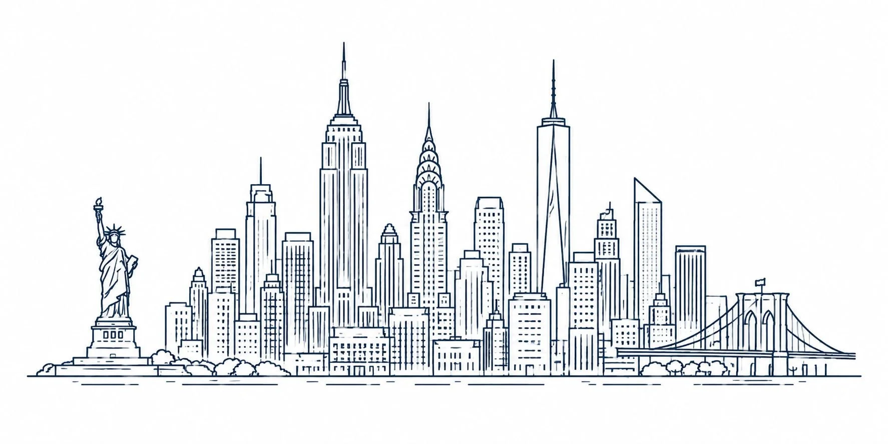 Minimalist line drawing of the New York City skyline featuring the Statue of Liberty and iconic skyscrapers representing virtual therapy in New York