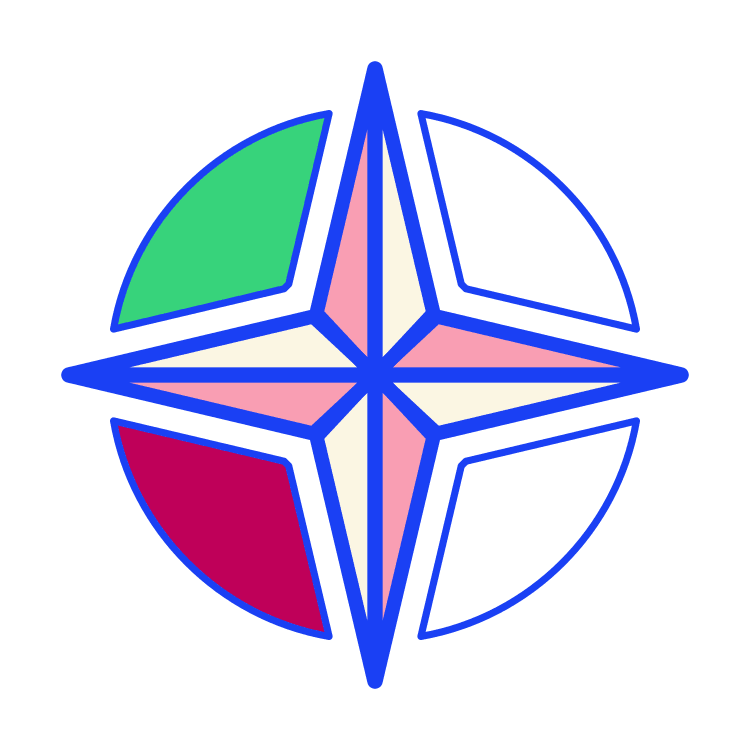 The NATO emblem featuring a four-pointed compass star surrounded by a circle with colored segments in green, red, blue, and black, on a black background.