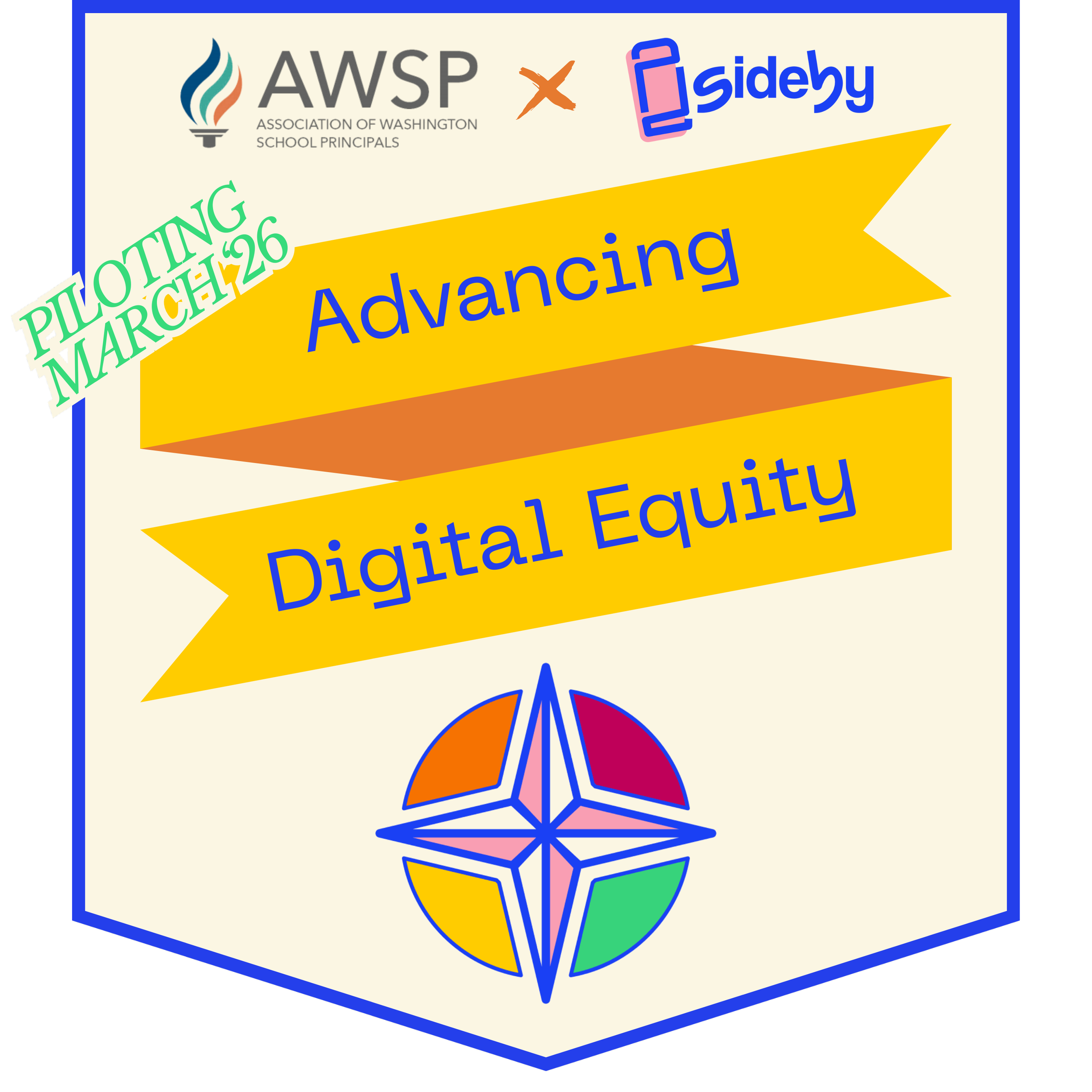 Banner with logos of the Association of Washington School Principals and sideby, with text 'Advancing Digital Equity', themed for the March 26, 2026, event. The banner features a colorful compass rose symbol.