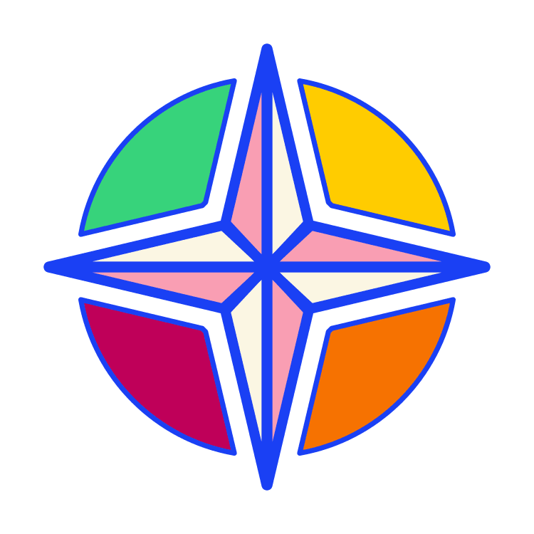 A colorful compass rose with four main points, each in red, green, yellow, and orange, and a four-point star in pastel pink and white in the center, outlined in blue.