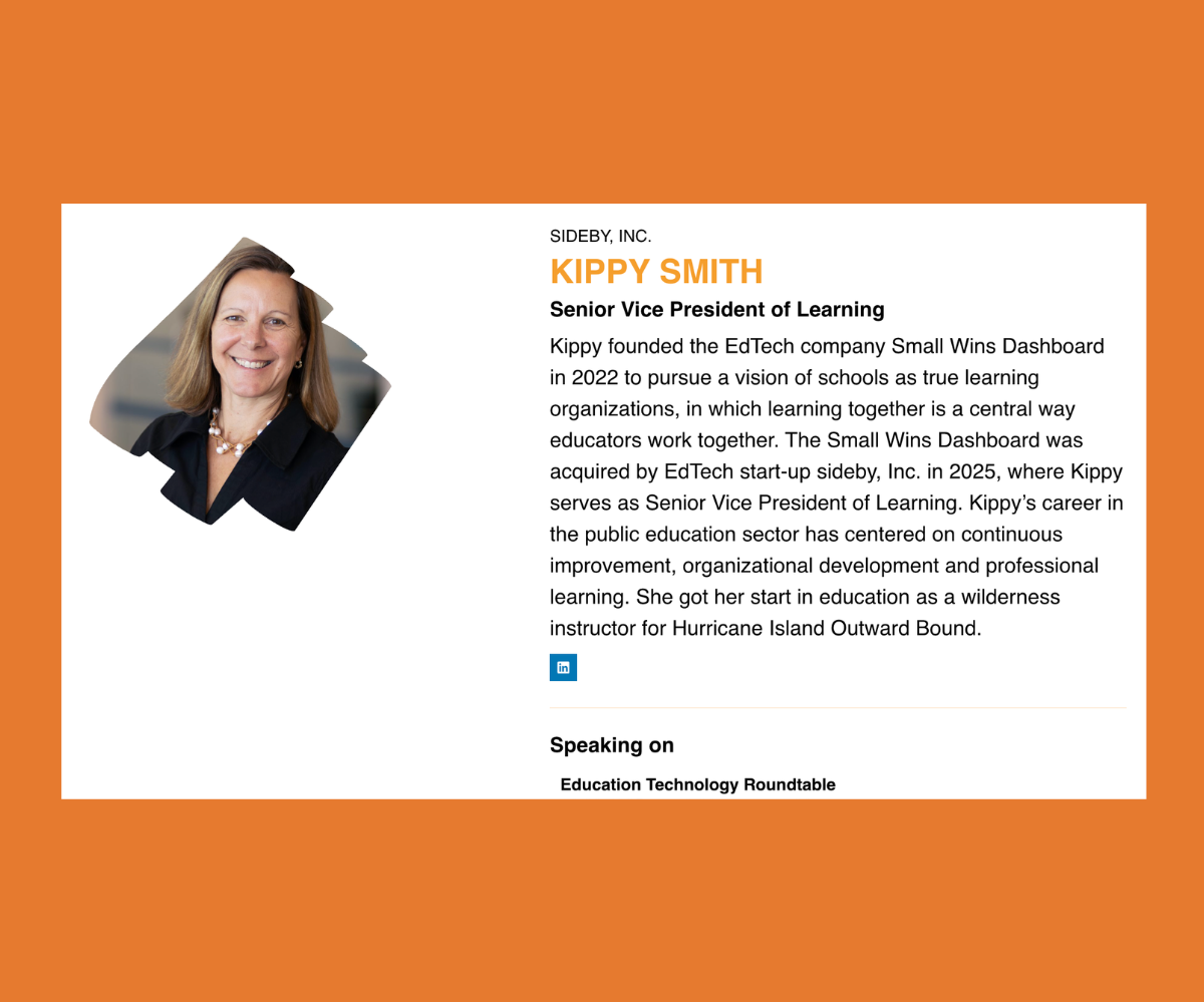 Profile of Kippy Smith, Senior Vice President of Learning at Sideby Inc., with a headshot of her on the left. The profile provides her background, career in education, and her role related to the EdTech company and its dashboard.