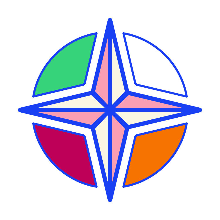A colorful, stylized compass rose with four main directions, featuring segments in green, purple, red, and orange, outlined in blue.