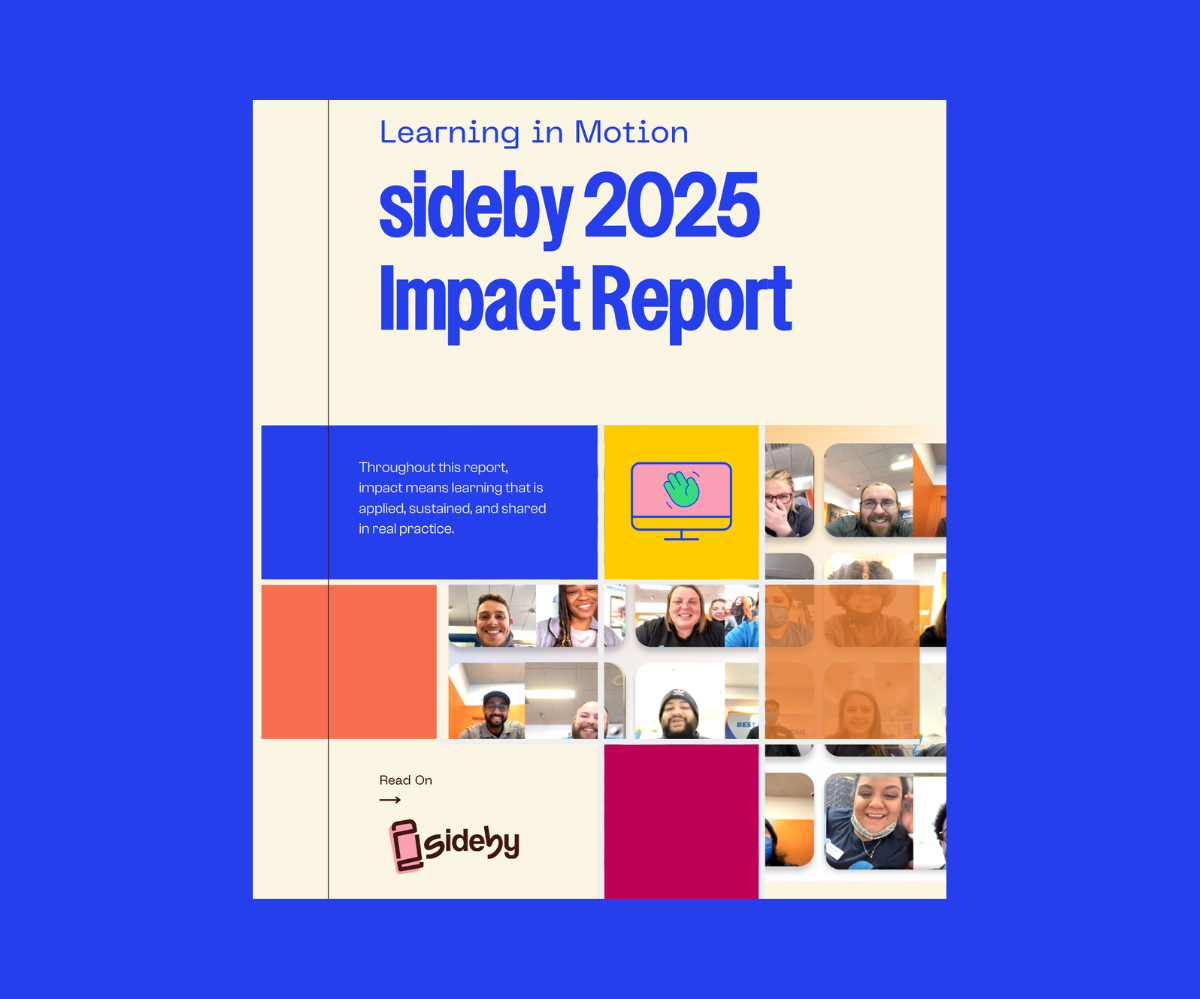 Cover page of the Sideby 2025 Impact Report with colorful blocks, photos of diverse smiling people, and a computer icon, on a blue background.