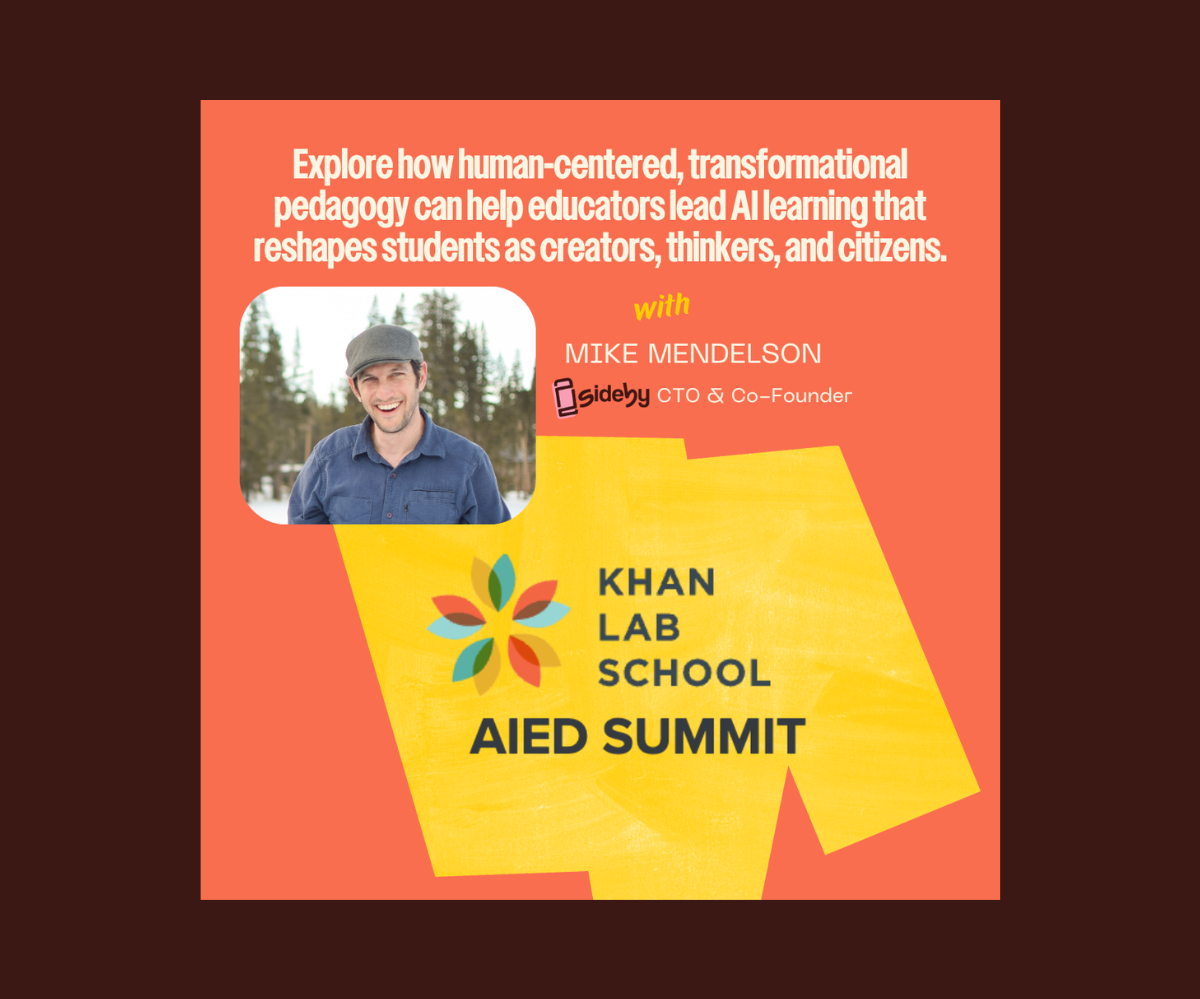 Promotional graphic for the Khan Lab School AIED Summit featuring a smiling man in a gray hat and blue shirt, with text highlighting a discussion on human-centered pedagogy led by Mike Mendelson from Sideby.