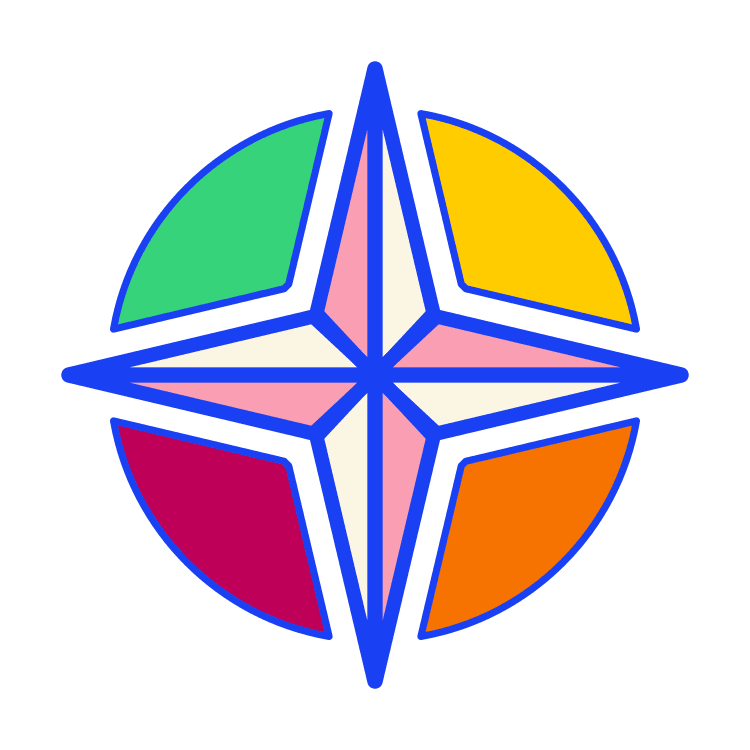A colorful compass rose with four main points, each in red, green, yellow, and orange, and a four-point star in pastel pink and white in the center, outlined in blue.