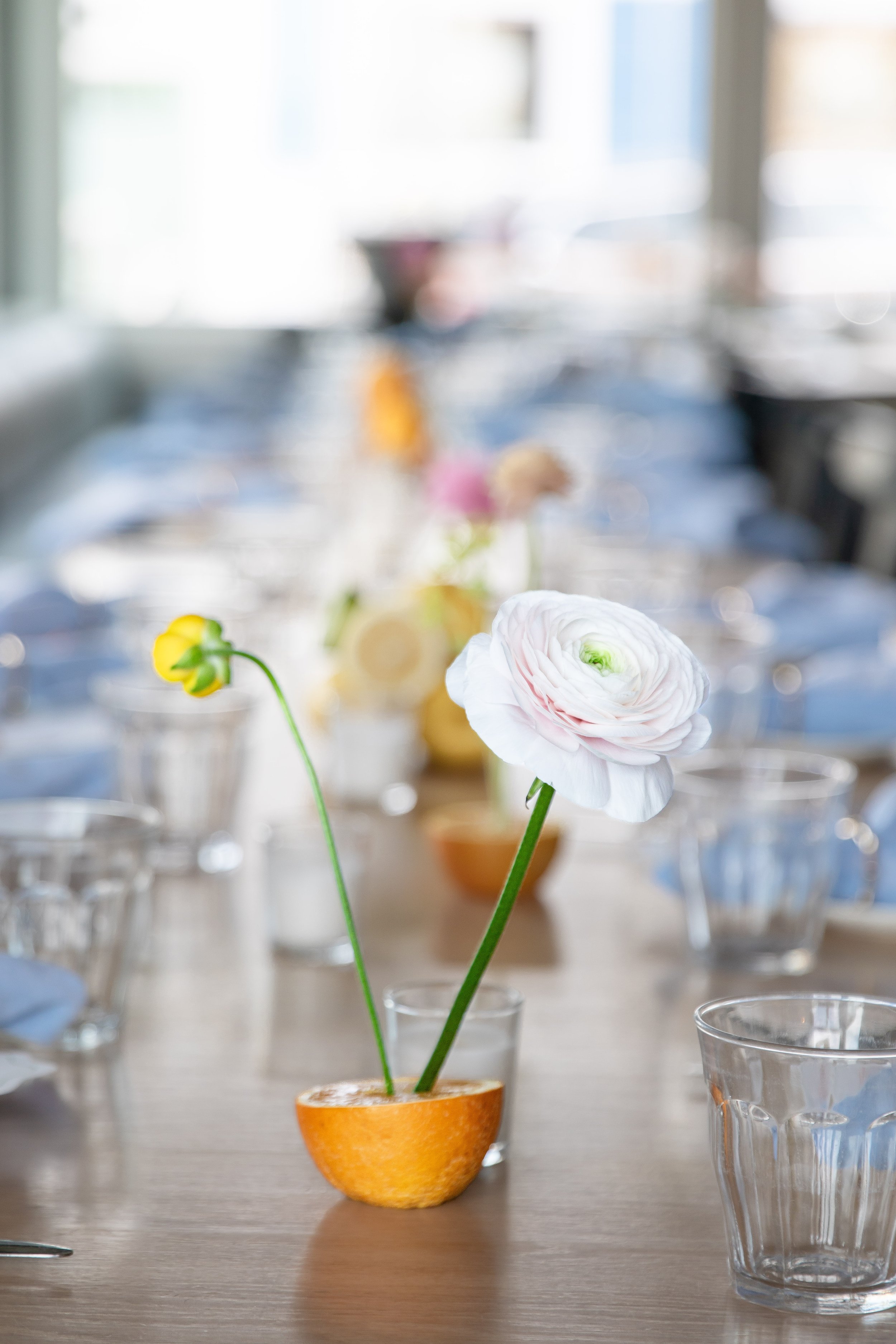 Boston, MA Blue and Orange Citrus Wedding Tablescape: A white flower with pink streaks in a glass cup on a table, with a blurred background of a dining setup with glasses and chairs.