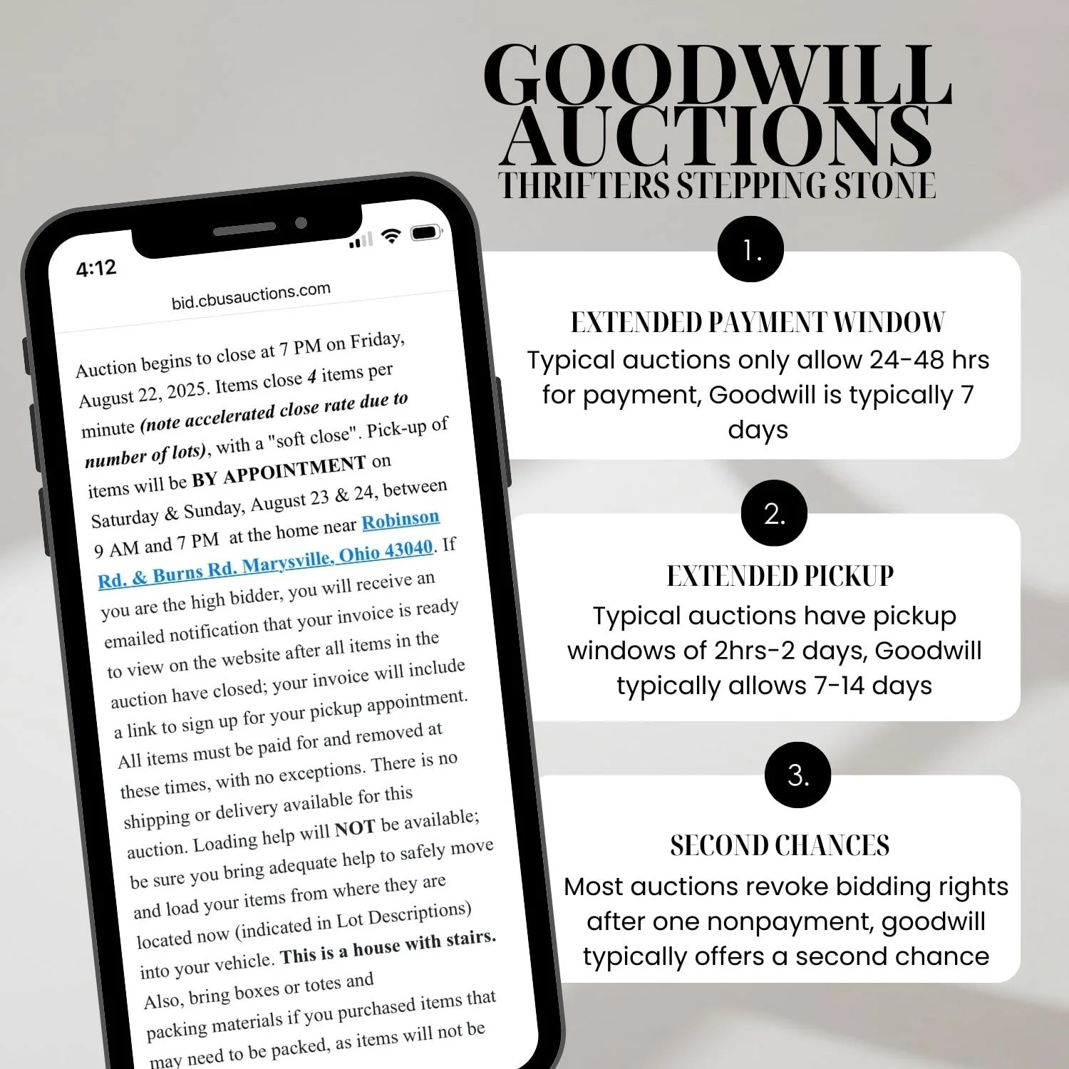 A smartphone displaying auction terms from a different platform, with a side-by-side comparison showing how Goodwill Auctions offer more flexible policies—ideal for beginners learning how online auctions work.