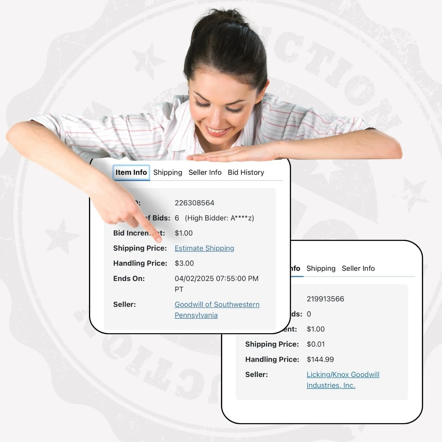 Side-by-side Goodwill auction listings from two different locations, with a hand pointing to the handling fees to highlight how costs can vary between stores.
