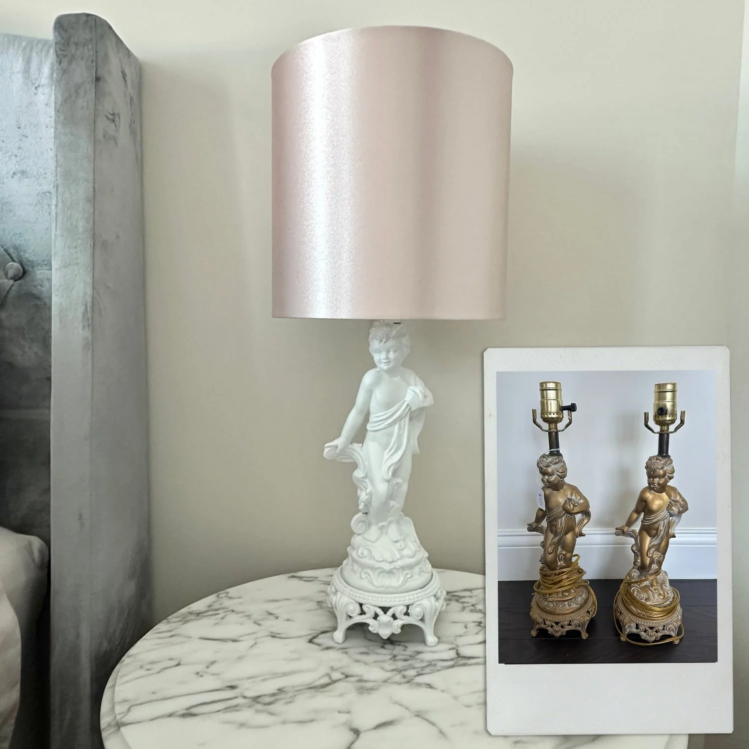 Cherub lamp transformed with a fresh coat of paint and rewired as a DIY project, shown alongside a corner image of its original condition—highlighting the unexpected skills you can develop through secondhand finds.