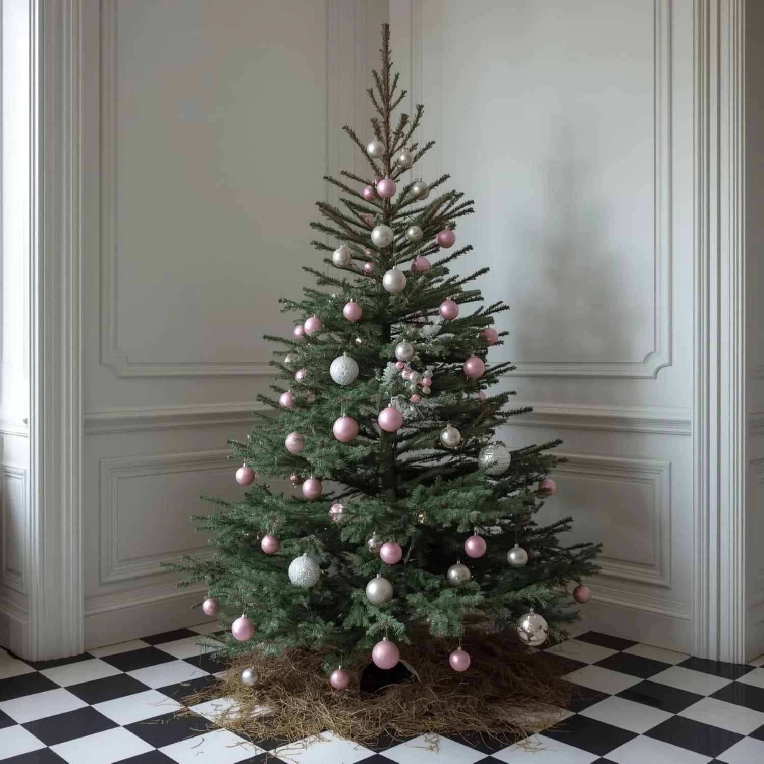A minimally decorated real Christmas tree with fallen pine needles scattered on the floor, highlighting the mess and maintenance that come with real trees.