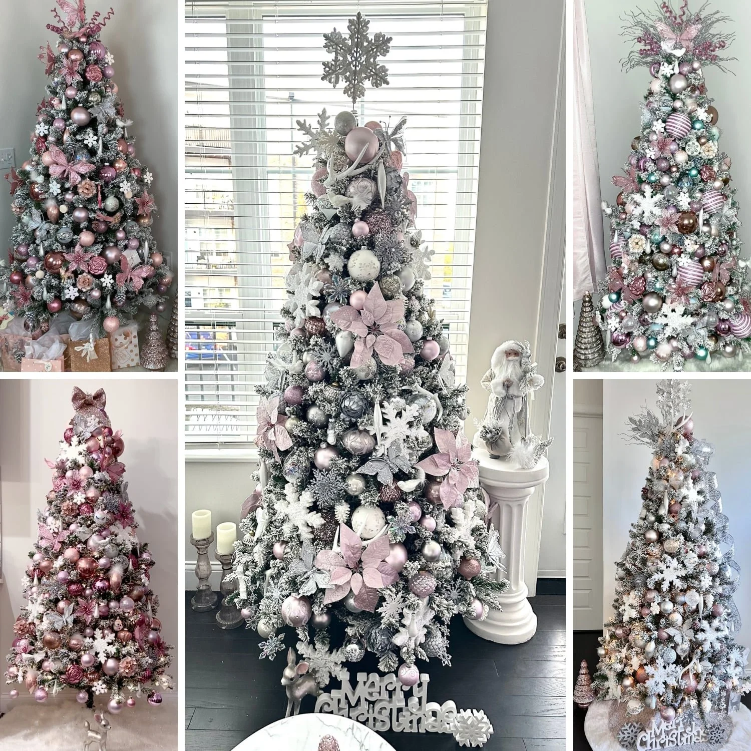 A collage showing five years of decorating the same artificial Christmas tree in different styles, highlighting its durability and reusability season after season.