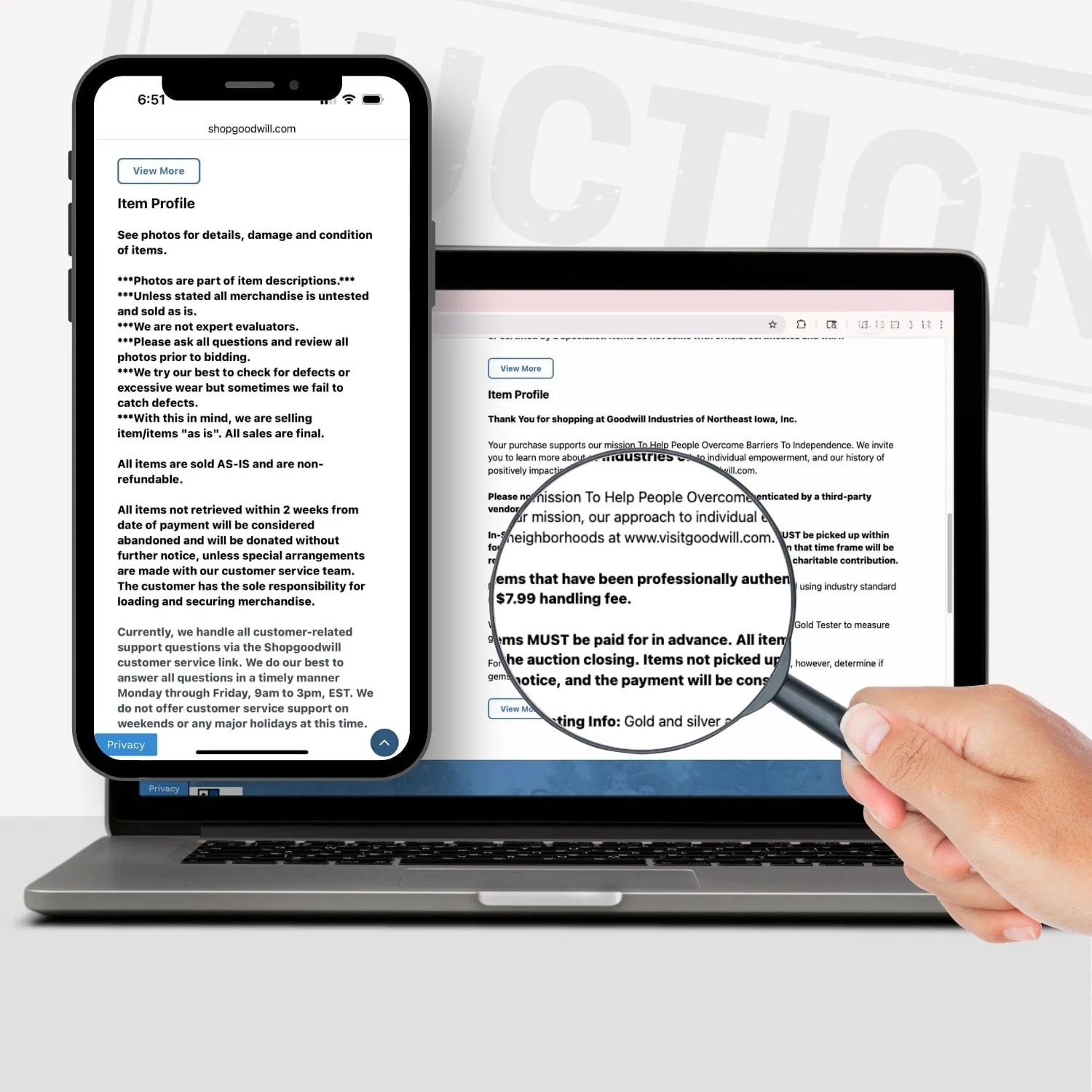 A magnifying glass held over a laptop and smartphone screen, highlighting the fine print in Goodwill auction listings—emphasizing the importance of reading item details before bidding.