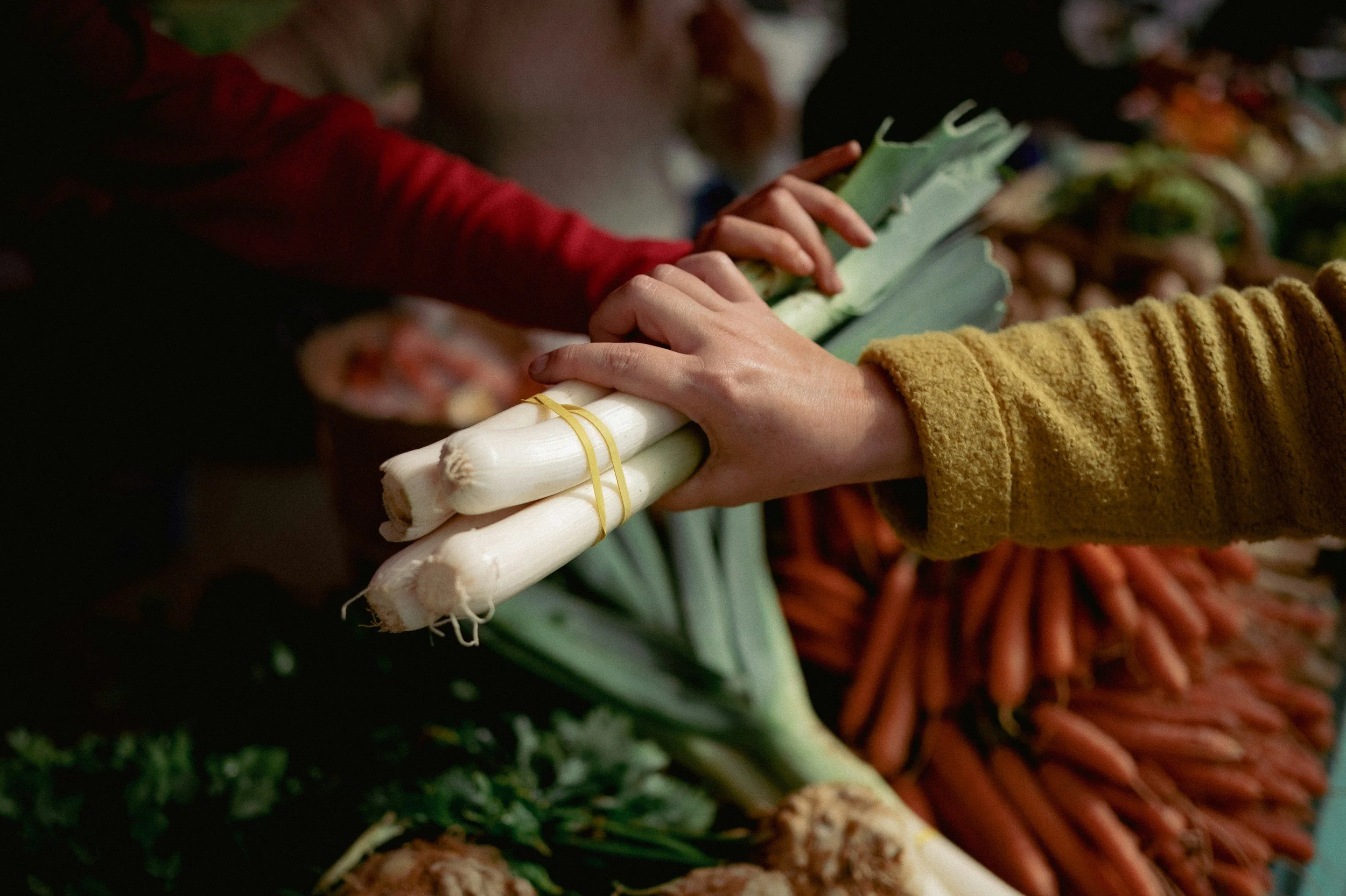A person in a mustard-colored sleeve holding a bundle of white spring onions at a produce market, with other vegetables like carrots and greens visible in the background.