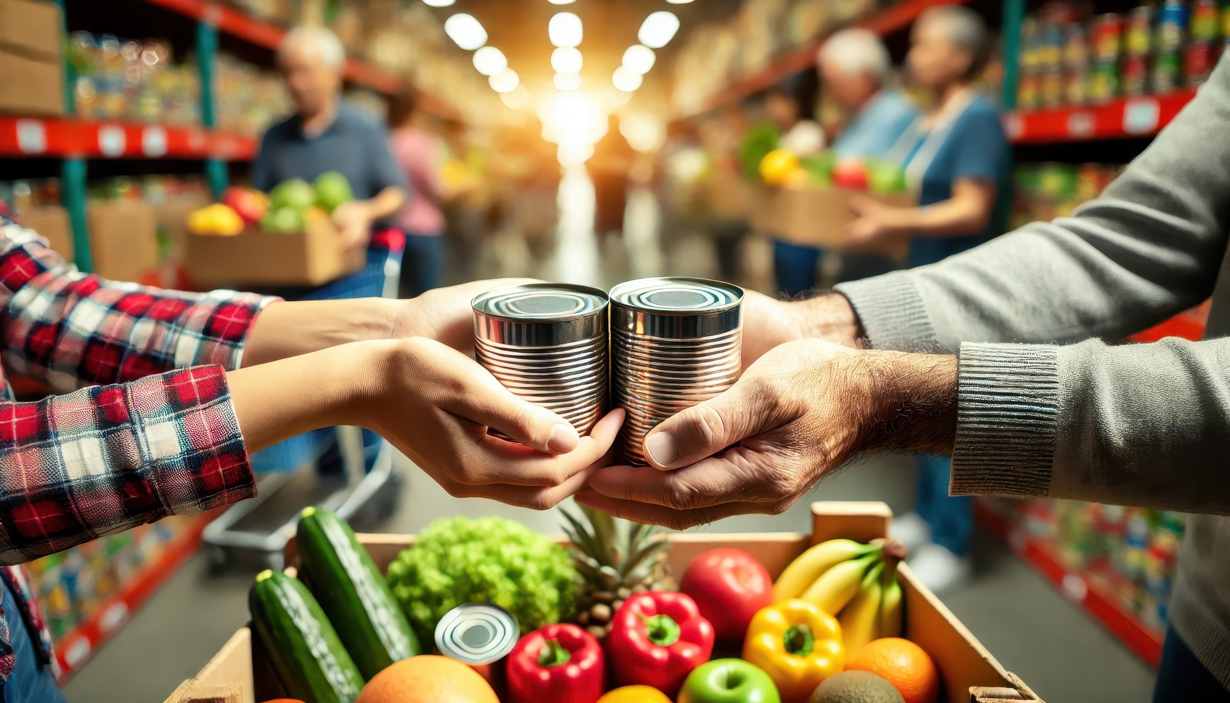 Two people exchanging canned goods at a grocery store with a produce section in the foreground and other shoppers in the background.