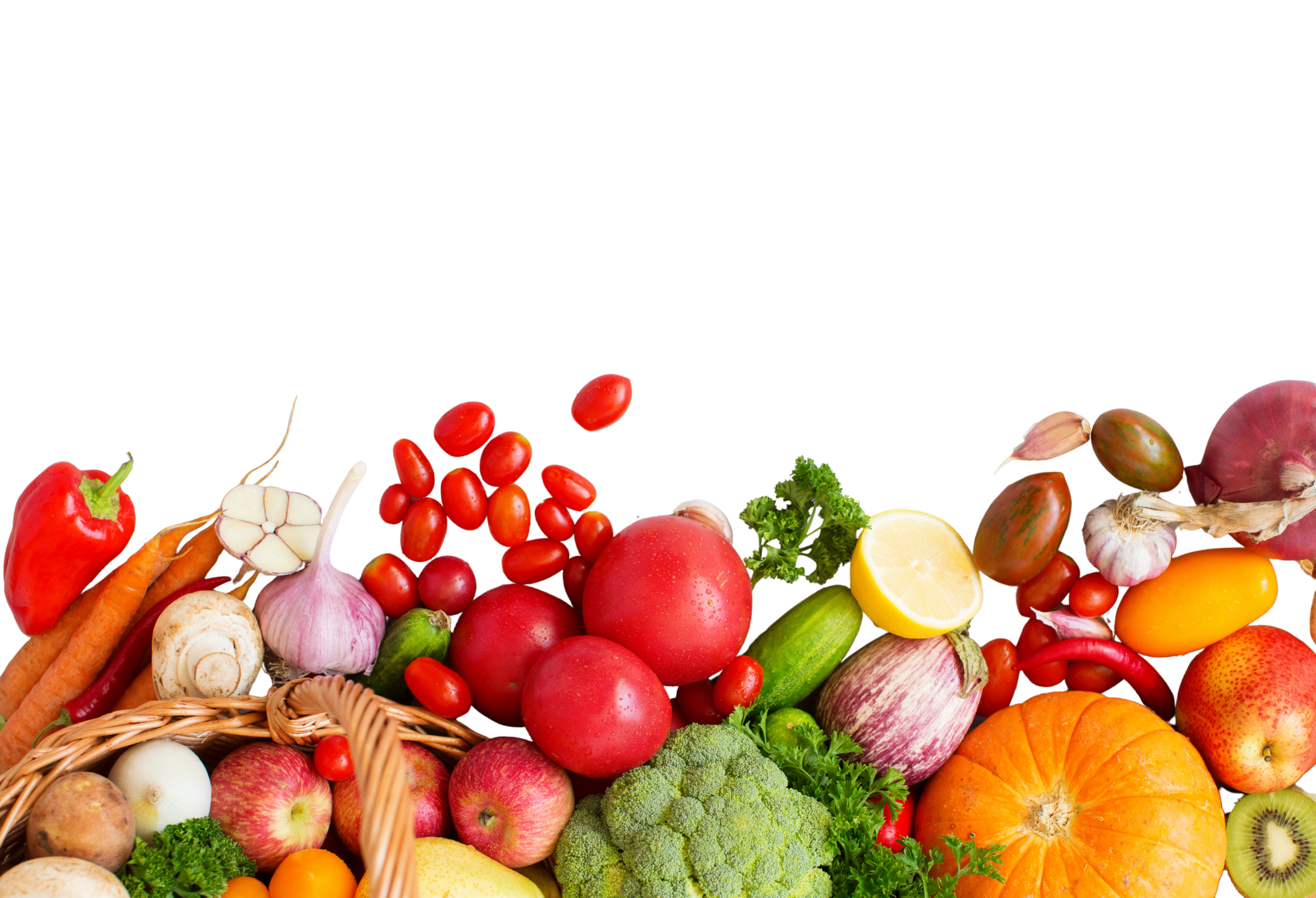 Assorted fresh vegetables and fruits including red bell pepper, carrots, garlic, cherry tomatoes, apples, broccoli, lemon, zucchini, eggplant, onion, pumpkin, and kiwi.