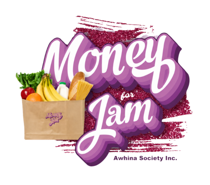 A colorful logo for 'Money for Jam' with a grocery bag of fresh produce in front of it.