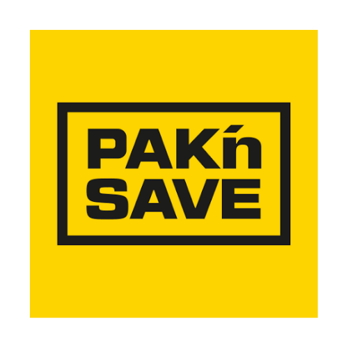 A yellow background with a black border and the words "PAK'n SAVE" in bold black letters inside a black rectangle.